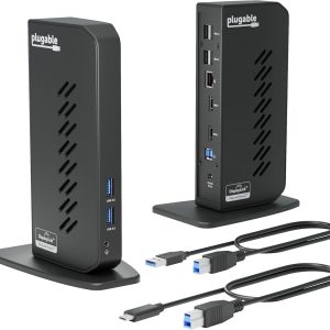 Plugable USB 3.0 and USB-C Universal Laptop Docking Station with 2 HDMI Ports for Windows, Mac (Driver Required), and ChromeOS. Gigabit Ethernet, Audio