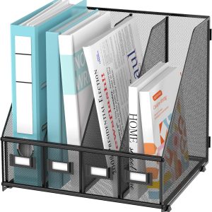SUPEASY Magazine File Holder, Binder Holder Metal Desk Organizer with 4 Rack Compartments, File Organizer for Office Home School, Black Plus