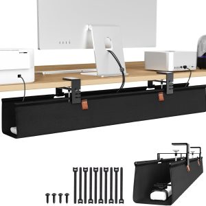 Zilink No Dril Standing Desk Cable Management Tray 30" Under Desk Cable Tray Clamp/Screw Mount Under Table Cable Management Premium Fabric Wire Management for Home Office